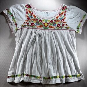 Mexican Embroidered Peasant Blouse By South Main White Short Sleeve Babydoll L